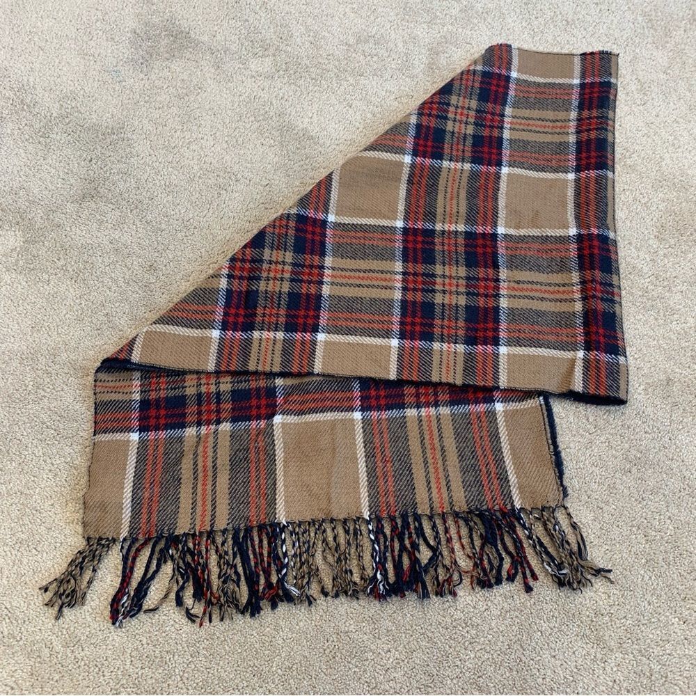 Banana Republic camel brown navy blue red plaid check tartan fall winter scarf